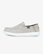 Gray slip-on shoe with white sole on a light gray background