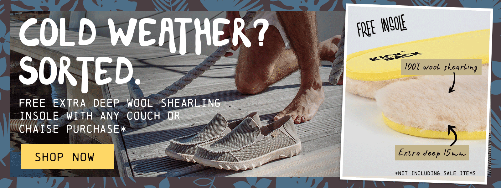 kickback shopify desktop banner showing off the Couch loafer with free wool insole