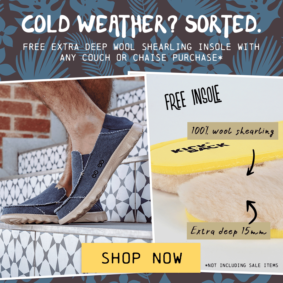 kickback shopify mobile banner showing off the Couch loafer with free wool insole